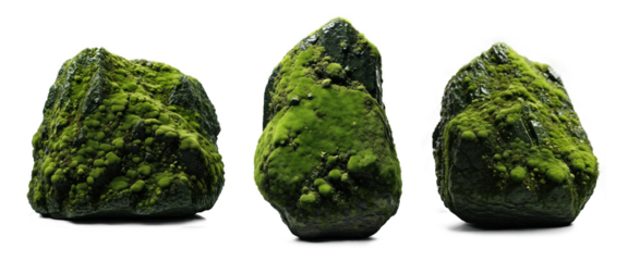 set of realistic nature wet mossy stones isolated on transparent, PNG or white background. collection of overgrown wet stones for natural garden yard decoration.