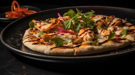 Thai Chicken Pizza served on a stylish modern plate, with creative lighting adding drama and highlighting its gourmet presentation.