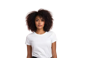 Confident Young Woman Modeling Plain White T-shirt Ready for Branding, Transparent Background, Ideal for Fashion Mockups and Advertising