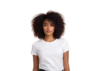 Confident Young Woman Modeling Plain White T-shirt Ready for Branding, Transparent Background, Ideal for Fashion Mockups and Advertising