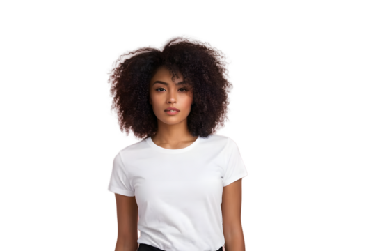 Confident Young Woman Modeling Plain White T-shirt Ready for Branding, Transparent Background, Ideal for Fashion Mockups and Advertising