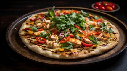 Thai Chicken Pizza served on a vibrant, patterned plate, adding a pop of color to the composition.