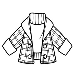 Short plaid pea coat worn over a warm sweater outline for coloring on white background