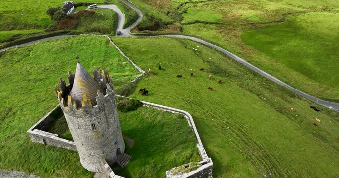 Castle fort, dugout castle, fortress wall, working Doonagore Castle in 4k
