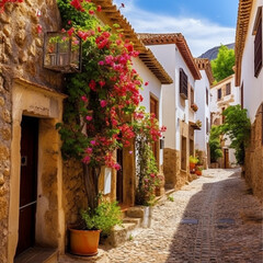 Fototapeta na wymiar street in the old town, a picturesque 17th-century Spanish village, its cobblestone streets and historic architecture with the energy of Flamenco. traditional buildings with terracotta roofs stand 