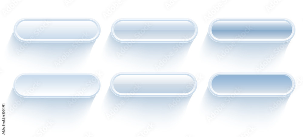 Poster bright white and blue website buttons, simple 3d modern design for user interface, mobile, web, soci