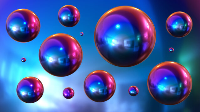 Shiny colored balls abstract background, 3d purple blue metallic glossy spheres as desktop wallpaper.