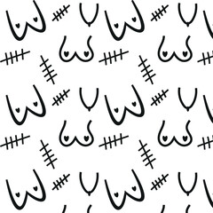 doodle pattern consisting of drawn female breasts, breasts with scars and just scars instead of breasts after surgery, on a white background - obrazy, fototapety, plakaty