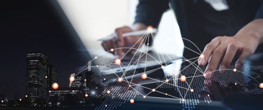 Digital technology, internet network connection, global business concept. Woman using modern computer surfing the internet, data exchange, digital marleting, innovative technology background.