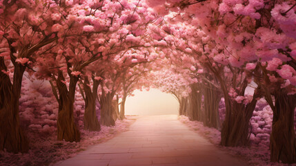 Pink flower trees form a romantic tunnel