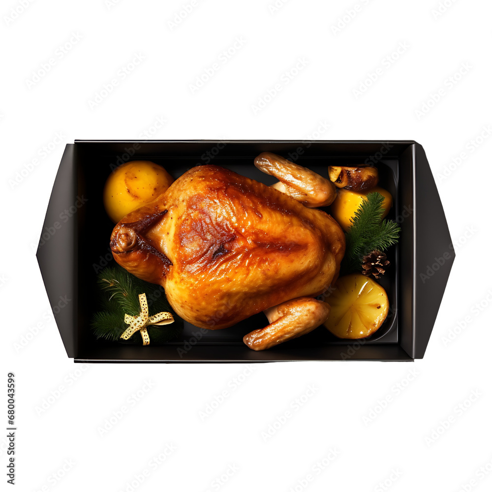 Wall mural christmas festive celebration roasted chicken with vegetables and potatoes isolated on transparent b