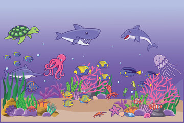 Scenery of sea underwater animals, reef, corals and seaweeds ocean landscape in cartoon style vector illustration. Background landscape undersea biodiversity, dolphin, shark, star fish, octopus, horse