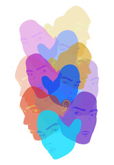 a collection of colorful human face masks overlapping each other, on a white background