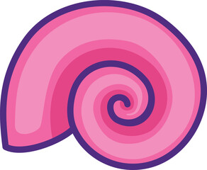 Snail shell spiral pink colored with outline. Sea shell cartoon. Ocean exotic underwater seashell  aquatic mollusk. Sea swirl snail shell isolated on transparent background.