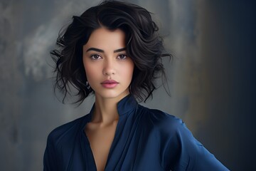 Portrait of a stylish caucasian woman model with black bob hairstyle. Generative AI.