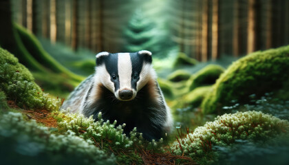 Horizontal photograph of a badger in a forest, exquisite detail, for 'Scientific American'.
