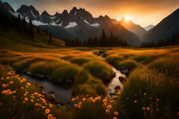A secluded mountain valley with a meandering stream, surrounded by wildflowers, as the sun sets behind the peaks