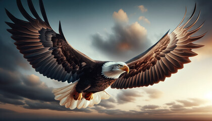Horizontal photo of a bald eagle in flight, powerful wings, intense gaze.
 - obrazy, fototapety, plakaty