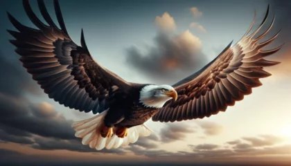 Schilderijen op glas Horizontal photo of a bald eagle in flight, powerful wings, intense gaze.  © Cad3D.Expert