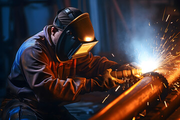Welder with protective gear welding a metal piece - obrazy, fototapety, plakaty