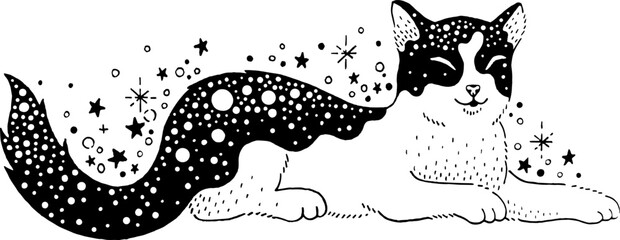 Black tattoo art with magic celestial cat. Fantasy mystic animal silhouette with space and stars pattern. Sketch of cute kitten, witch pet, vector hand drawn illustration - obrazy, fototapety, plakaty