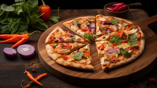 Thai Chicken Pizza with a side of pickled vegetables, adding a tangy and crunchy element to the image.