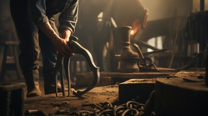 A blacksmith carefully inspects a horseshoe, ensuring its quality and fit. - obrazy, fototapety, plakaty