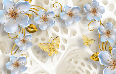 3D wallpaper and butterfly blue flower 3d background for interior