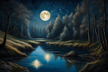 Moonlight painting a surreal scene on the tranquil waters of a secluded river, with the celestial body reflected in the calm and serene night.