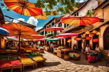 A village square adorned with vibrant umbrellas, creating a colorful canopy over market stalls selling fresh produce and handmade crafts. - obrazy, fototapety, plakaty
