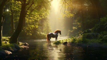 a breathtaking natural phenomenon where the amazing forest horse and the forest itself emit radiant energy. - obrazy, fototapety, plakaty