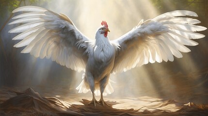 The elegance of a hen's outstretched wings as it takes a moment to stretch and bask in the sunlight.
