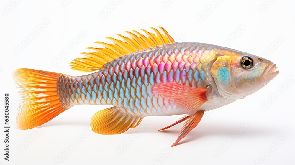 Wall mural A lone goldfish swimming underwater against a stark white background, generative ai - Wall murals