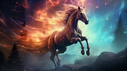 Obraz na płótnie Canvas a cosmic phenomenon where the amazing forest horse gallops amidst swirling nebulae and celestial wonders.