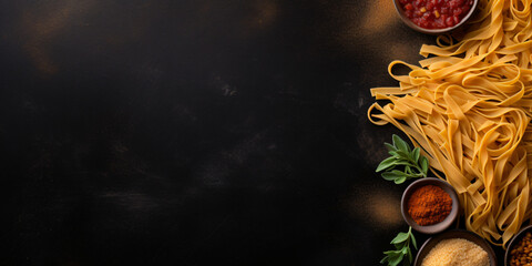Different kinds of pasta on black chalkboard. Menu background with free text space. Top view - obrazy, fototapety, plakaty