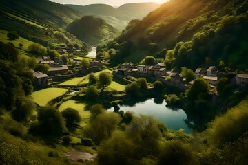 A village nestled in a valley, with a meandering river cutting through the landscape and reflecting the surrounding hills and trees.