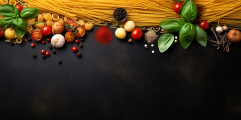 Different kinds of pasta on black chalkboard. Menu background with free text space. Top view - obrazy, fototapety, plakaty