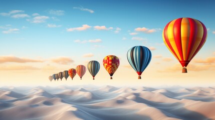 Fototapeta premium Symbolic representation of business competition and success illustrated by a fleet of hot air balloons vying for the top spot, with an individual leader outpacing others to win the race