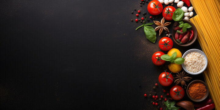 Different kinds of pasta on black chalkboard. Menu background with free text space. Top view