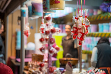 Christmas Sweets: Close-up of Candy Lollipops at the Festive Fair
