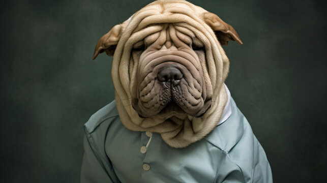 Portrait of a shar pie dog dressed in medical scrubs
