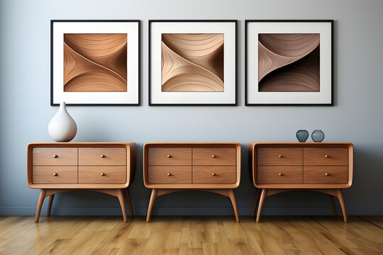 3 square decorative wooden art frames background wall mock-up with wooden relief