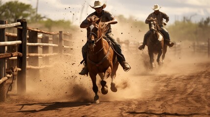 A cowboy's extraordinary horsemanship takes center stage as he navigates through a challenging obstacle course. - obrazy, fototapety, plakaty