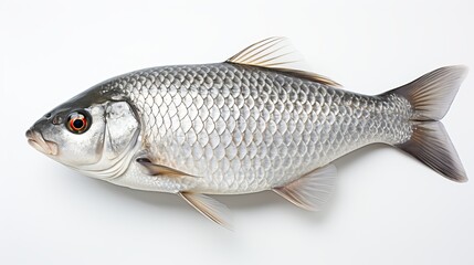 Fototapeta premium A Lone Goldfish Gleams Against a Pristine White Background, generative ai