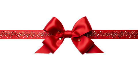 Red ribbon and tied bow glitter on it for Christmas gift package isolated on transparent background.