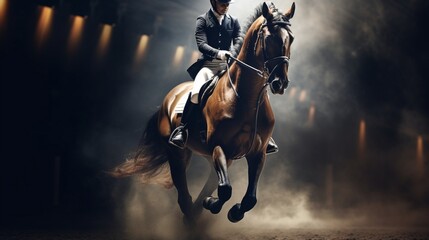 A dynamic image of a dressage rider executing a perfect half-pass on a stunning horse. - obrazy, fototapety, plakaty