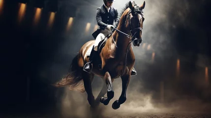 Foto op Plexiglas A dynamic image of a dressage rider executing a perfect half-pass on a stunning horse. © Muzamil