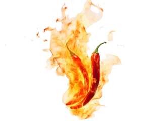 Keuken spatwand met foto The concept of hot and spicy food captured by red chili peppers ablaze with orange and yellow fire © mashimara