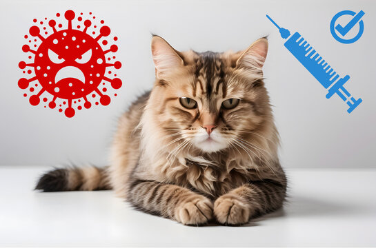 Sick sad cat on a white background. Virus and vaccination