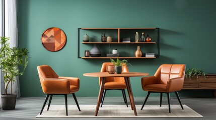 Vibrant Orange Chairs Pop Against Green Walls in a Modern Dining Room, generative ai